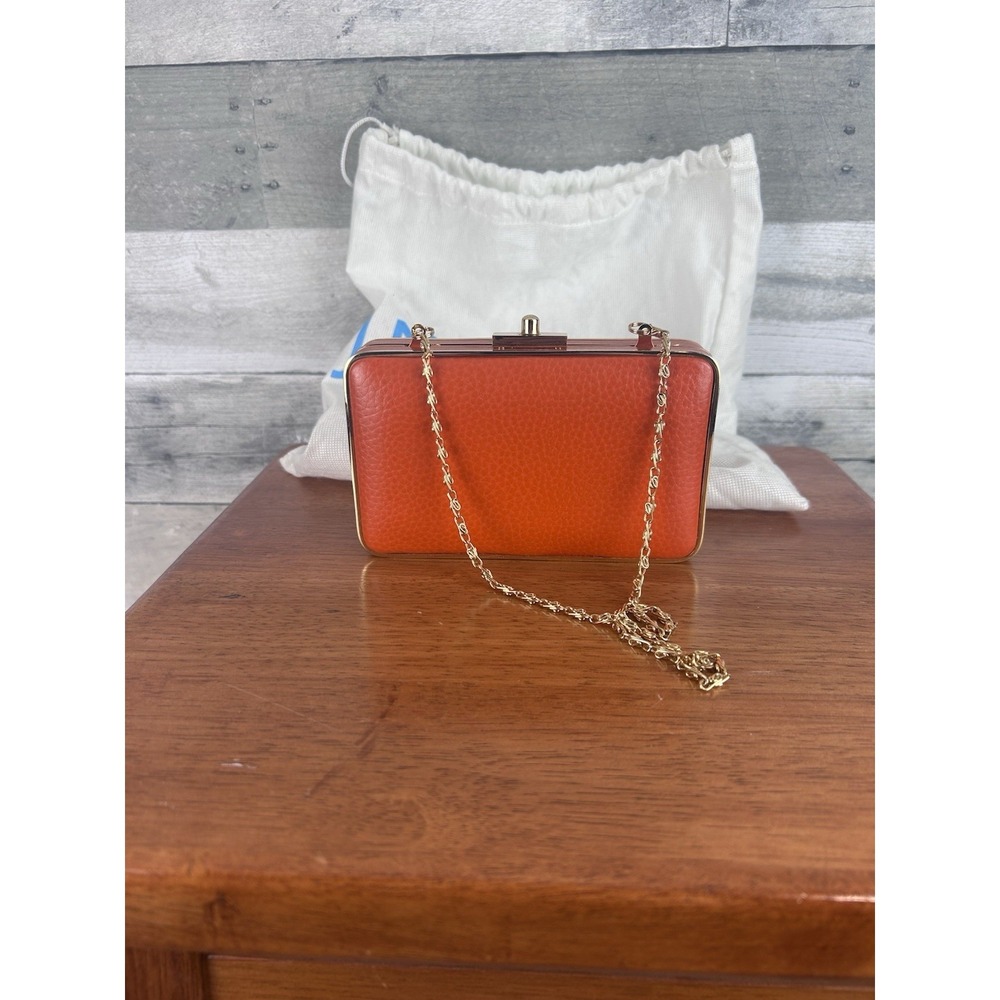 J McLaughlin Vintage Orange Pebbled Leather Box Clutch Gold Frame Chain Bag